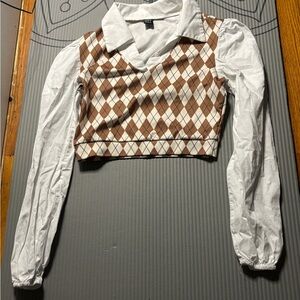 Women's Brown Argyle Sweater Vest with White Sleeves